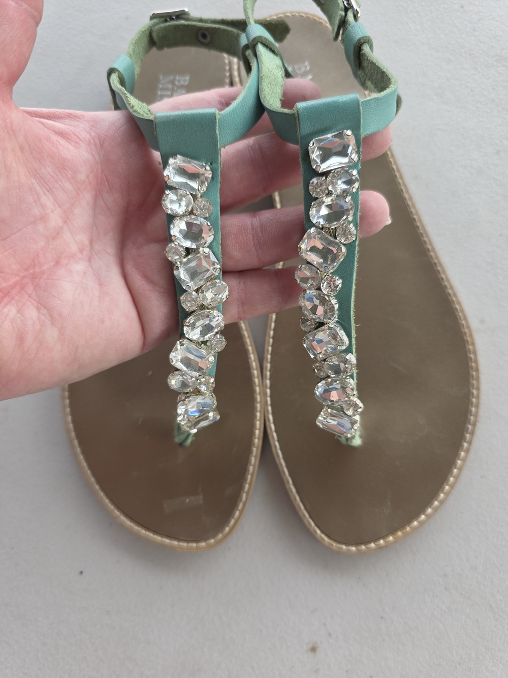Badgley Mischka Tiffany Blue Jeweled T-Strap Sandals